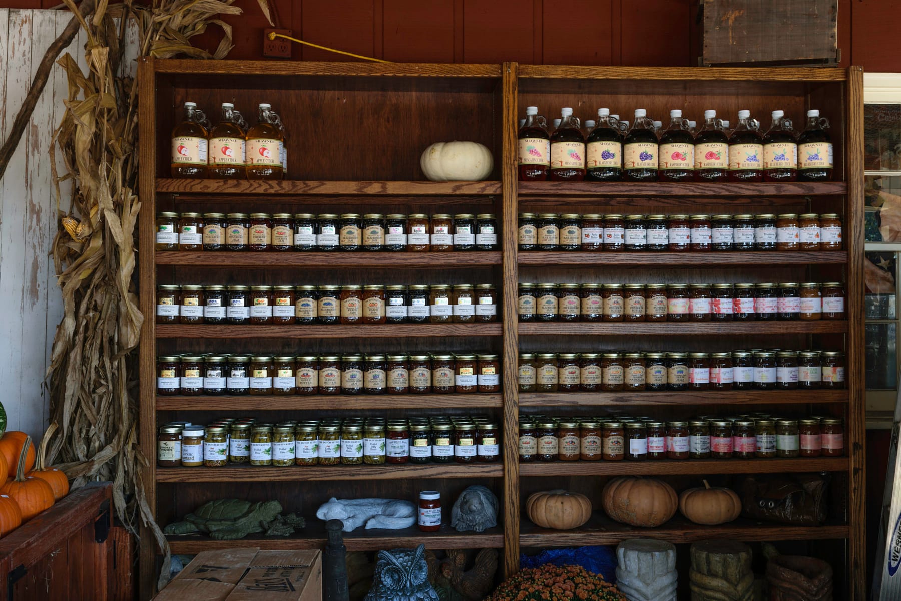 Wooden shelves at a farmers market stand lined with rows of small jars of jams, jellies, and pickles and bottles of cider, with dried corn stalks and pumpkins at the edges