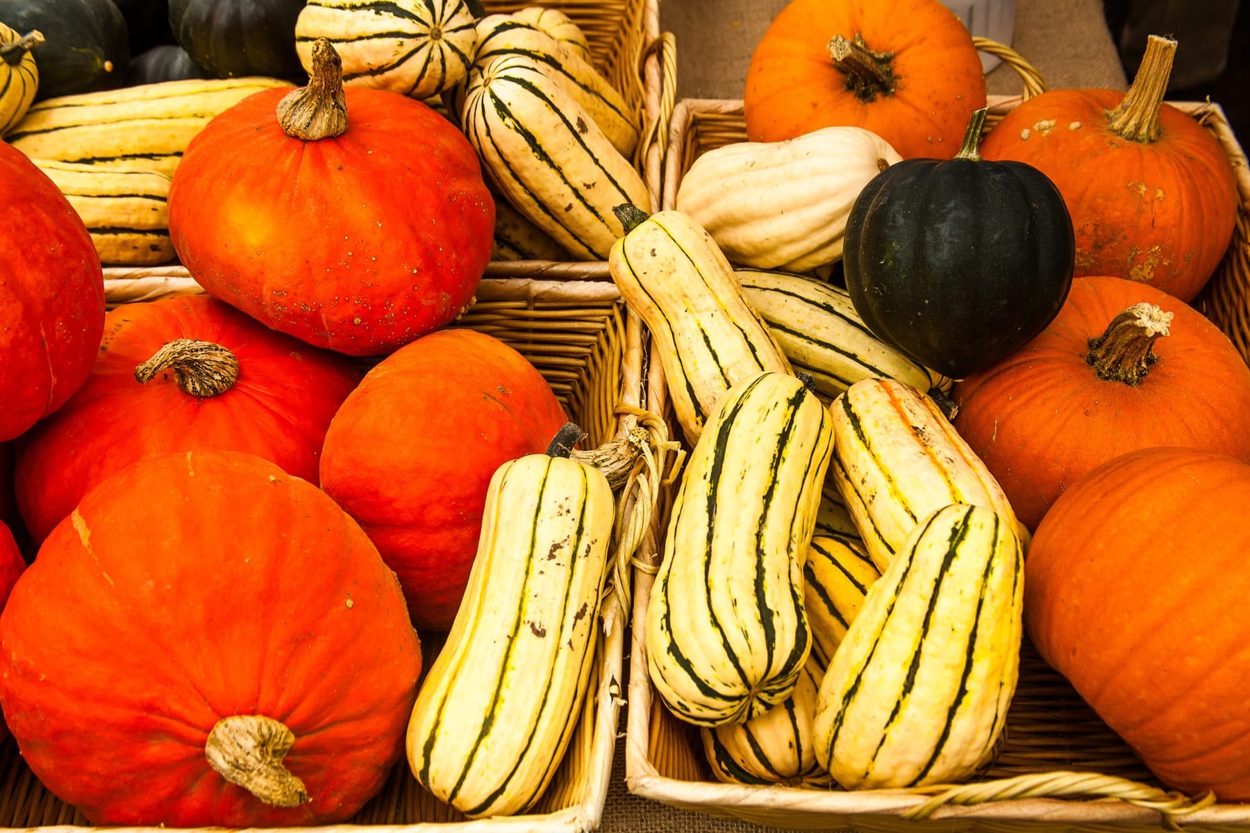 Wicker baskets piled with orange pumpkins, cream-and-green striped delicata squash, and a dark green acorn squash on a burlap-covered table