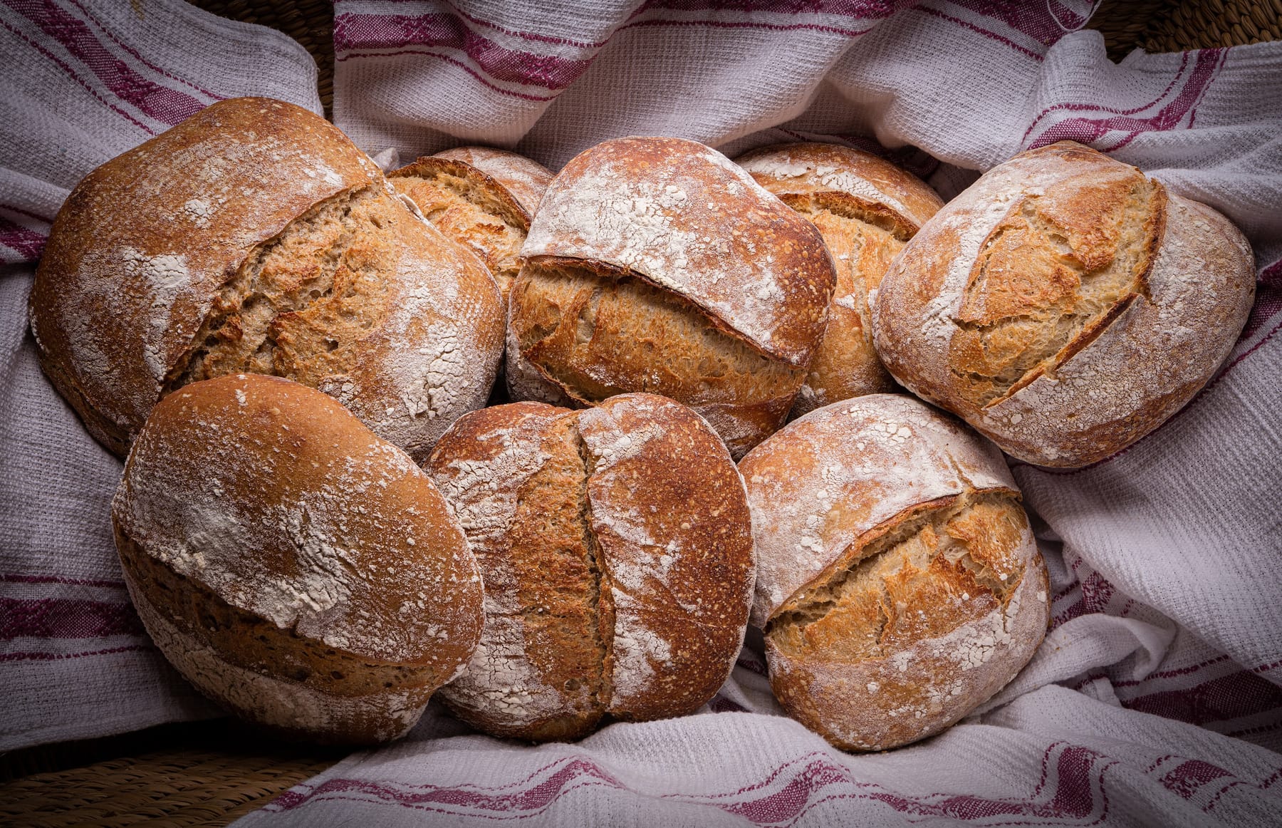 Eight round hearth loaves with floured, split crusts packed into a basket lined with a striped white kitchen cloth