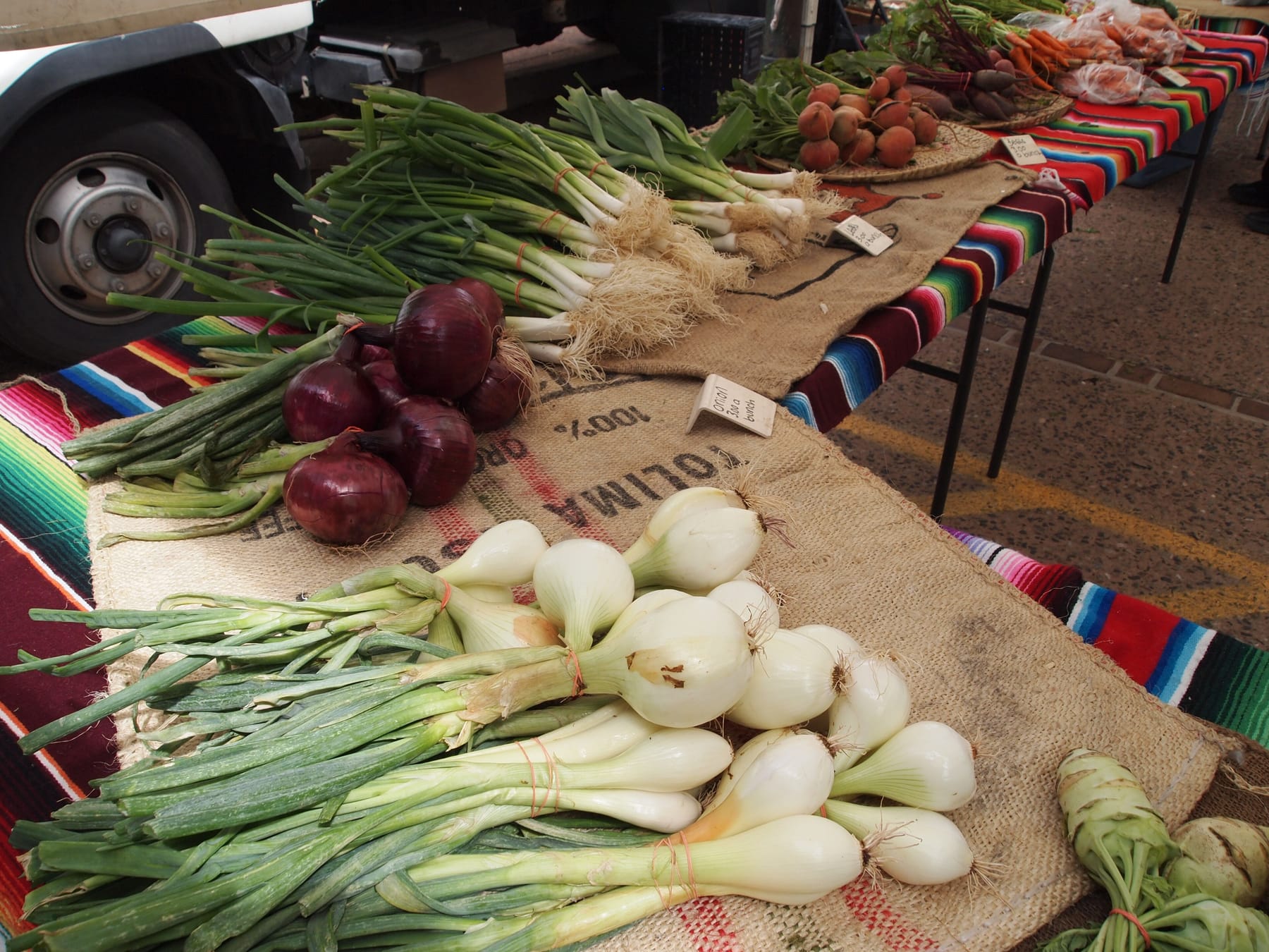 Bundles of white and red onions and green onions laid on burlap sacks and striped serape cloths at an outdoor market table, with beets and bagged carrots on tables behind
