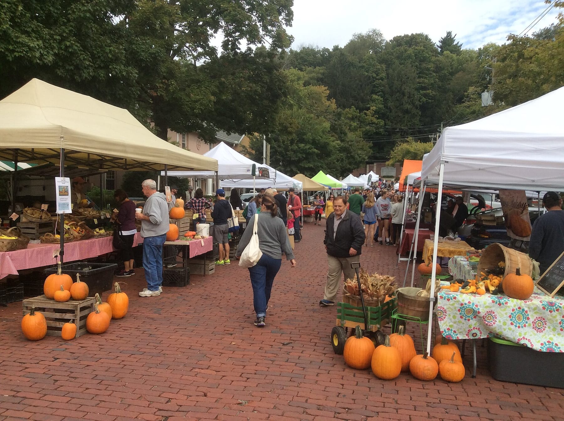 Shoppers walk a brick street between white and tan vendor canopies at an outdoor market, with crates of orange pumpkins in the foreground and tables of produce, gourds, and a wooden bakery sign under the tents