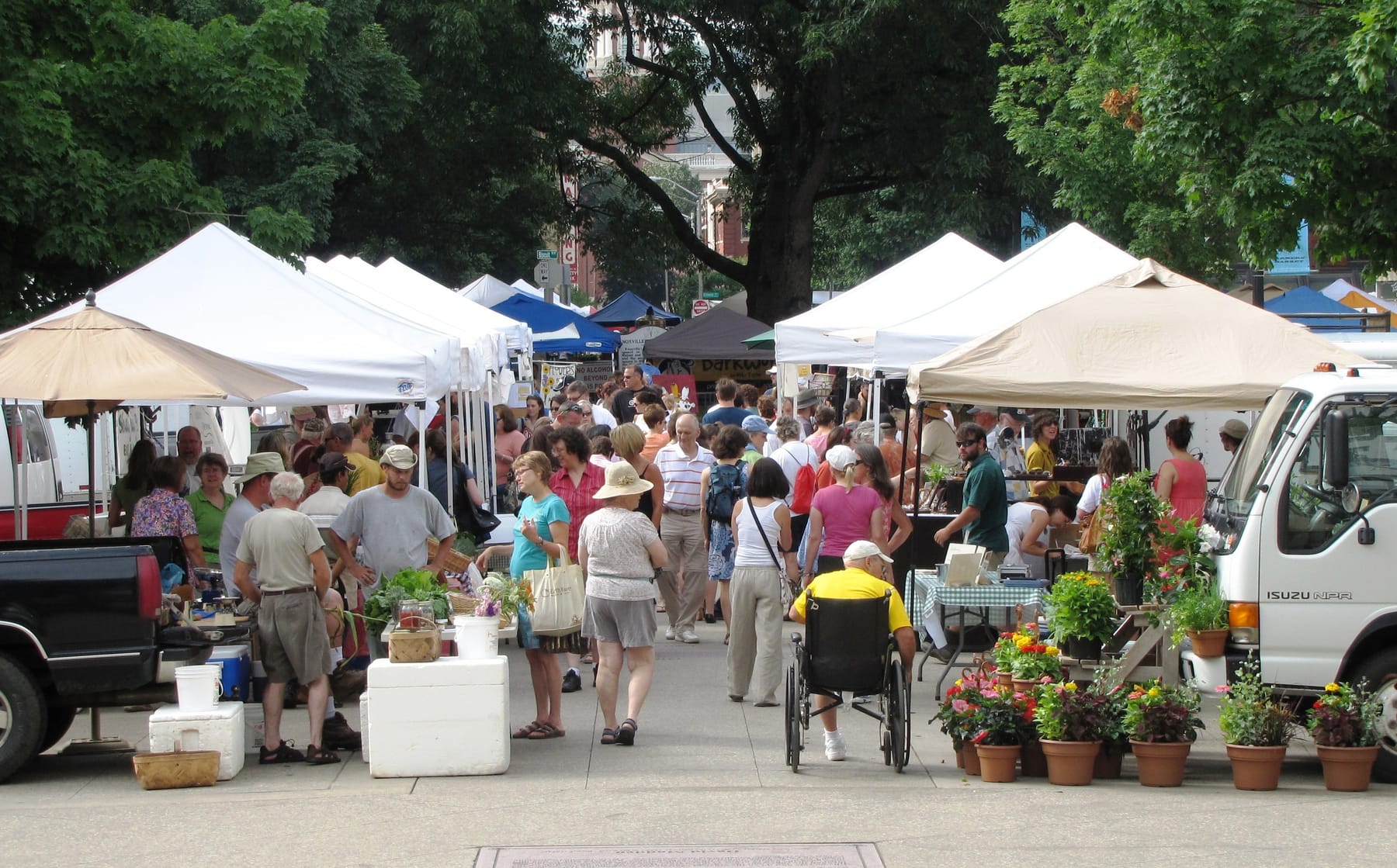Shoppers fill the aisle between rows of white and tan vendor canopies at an outdoor farmers market, past a table of greens and white buckets and a rack of potted flowers beside a white box truck